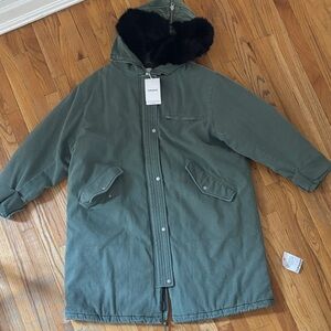 TOPSHOP Green Hooded Parka with Black Fur Trim